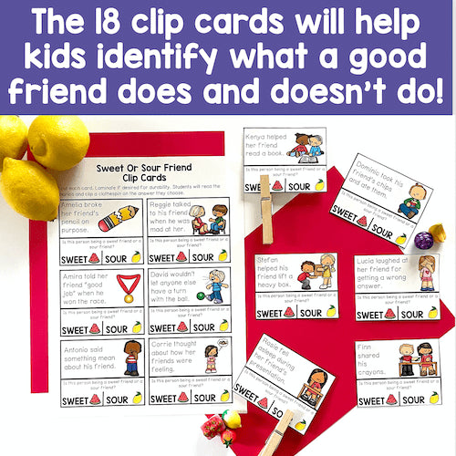 Sweet or Sour Friend Clip Cards educational material with illustrations and text on a red background.