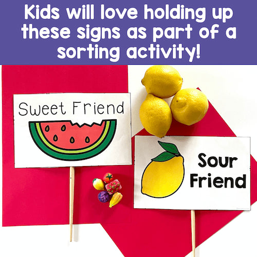 Sorting activity signs with watermelon and lemon graphics on a red background.