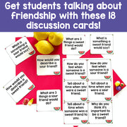 Set of discussion cards about friendship with watermelon-themed questions on a red and purple background.