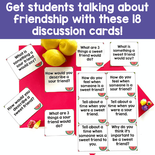 Set of discussion cards about friendship with watermelon-themed questions on a red and purple background.