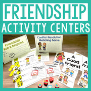 Friendship activity centers with educational materials on a wooden surface