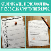 Educational materials on friendship with a dice and writing prompt on a wooden surface.