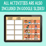 Educational app on a tablet screen with friendship assessment activity on a teal background