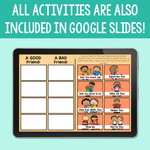 Educational app on a tablet screen with friendship assessment activity on a teal background