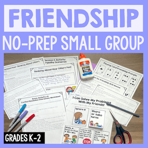 Educational materials for friendship development with worksheets, glue, and scissors on a table.