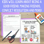 Educational materials for children on conflict resolution with worksheets, glue, and scissors on a wooden surface.