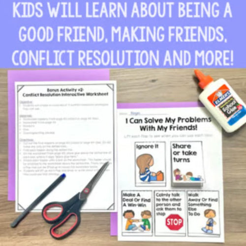 Educational materials for children on conflict resolution with worksheets, glue, and scissors on a wooden surface.