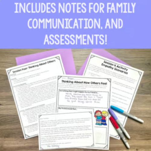Educational materials with text 'Includes notes for family communication and assessments' on a wooden surface.