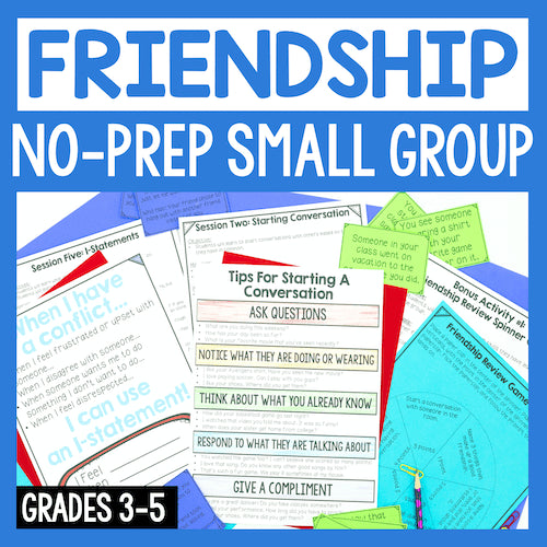 Educational materials for a friendship no-prep small group program with colorful sheets and text.