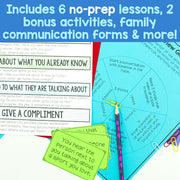 Educational materials with text about no-prep lessons and activities on a white background