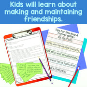 Educational materials on friendship with text 'Kids will learn about making and maintaining friendships.'