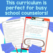 Educational materials for school counselors with text 'This curriculum is perfect for busy school counselors!' on a blue background.