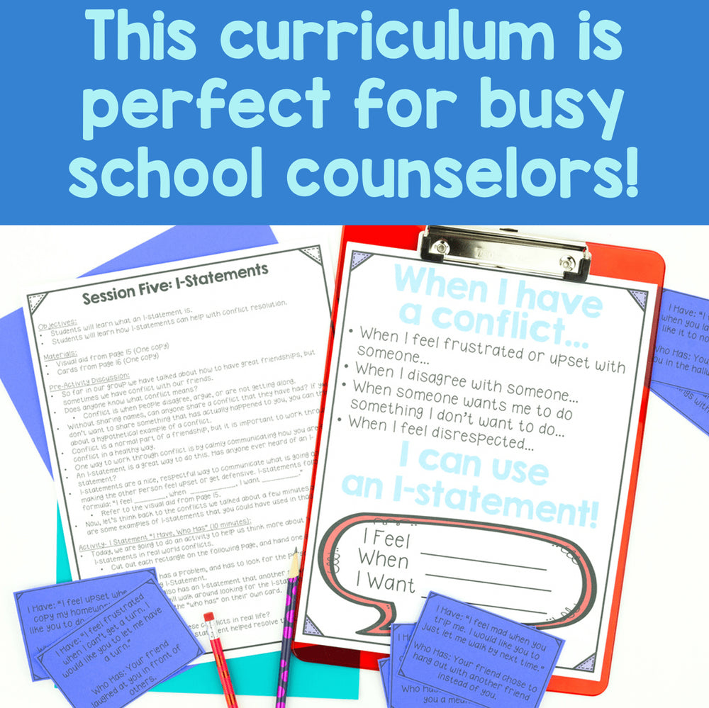 Educational materials for school counselors with text 'This curriculum is perfect for busy school counselors!' on a blue background.