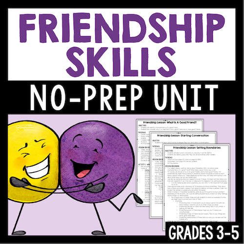 Cover of a 'Friendship Skills No-Prep Unit' with cartoon characters and text on a purple background.