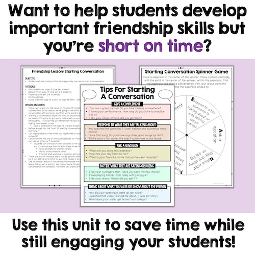 Educational materials on a purple background with text about friendship skills and time-saving strategies.