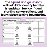 Educational materials on a purple background with text about three print and go lessons to help kids identity healthy friendships, feel confident starting conversations, and learn about setting boundaries.
