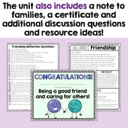 Educational materials and a certificate on a purple background with text about a note to families and additional discussion questions and resource ideas.