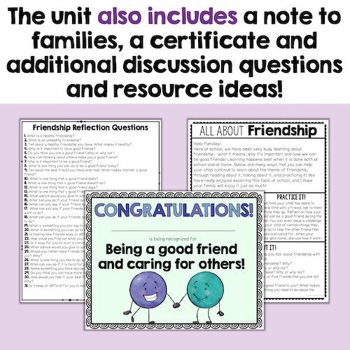 Educational materials and a certificate on a purple background with text about a note to families and additional discussion questions and resource ideas.
