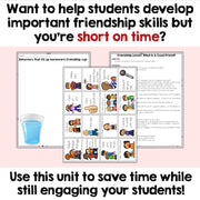 Educational materials for teaching friendship skills with text overlay on a pink background