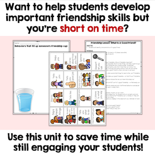 Educational materials for teaching friendship skills with text overlay on a pink background