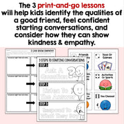 Educational materials for children on identifying qualities of a good friend and starting conversations.
