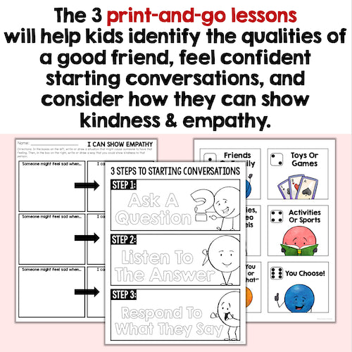 Educational materials for children on identifying qualities of a good friend and starting conversations.