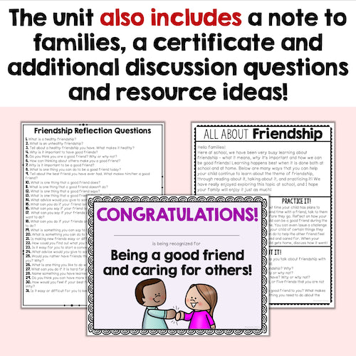 Educational materials on friendship with reflection questions, a certificate, and additional discussion questions.