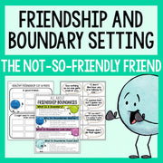 Educational materials on friendship and boundary setting with a cartoon character on a green background.