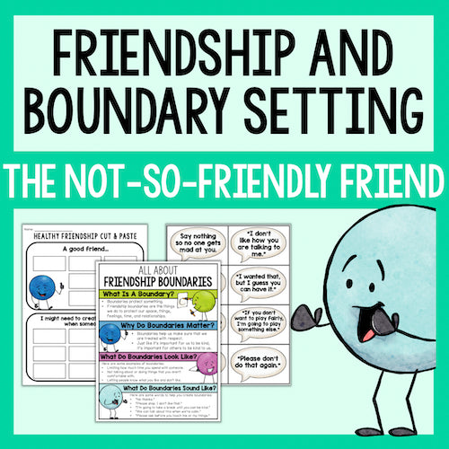 Educational materials on friendship and boundary setting with a cartoon character on a green background.