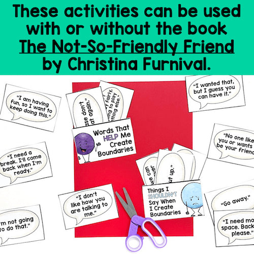Educational materials with speech bubbles and a pair of scissors on a red background, related to 'The Not-So-Friendly Friend' book by Christina Furnival.