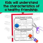 Educational worksheet on healthy friendships with cut and paste activity, glue, and scissors on a green background.
