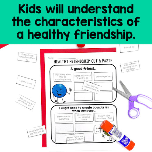 Educational worksheet on healthy friendships with cut and paste activity, glue, and scissors on a green background.