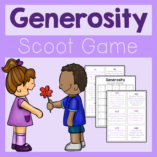 Illustration of two children sharing a flower with 'Generosity Scoot Game' text on a purple background