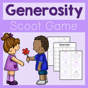 Illustration of two children sharing a flower with 'Generosity Scoot Game' text on a purple background