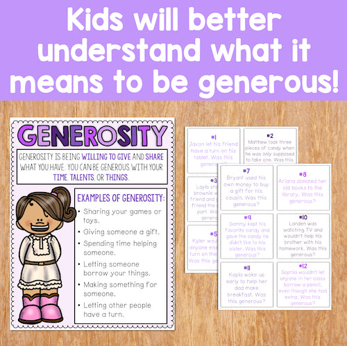 Educational materials on generosity with text and illustrations on a wooden surface.