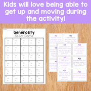 Generosity Scoot Game with answer sheets on a wooden surface