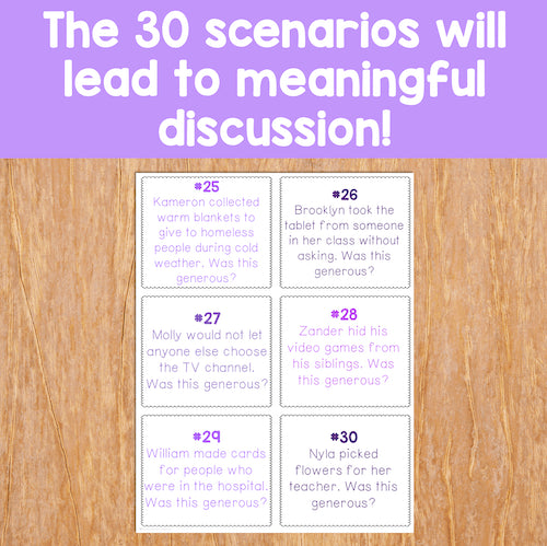 Educational cards on a wooden surface with text about scenarios leading to meaningful discussion.