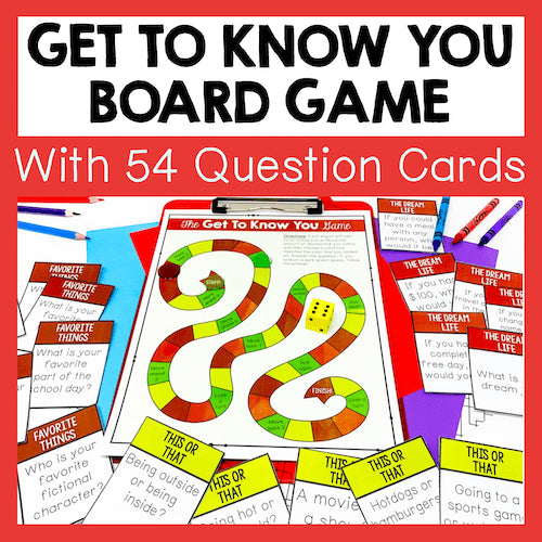 Board game with question cards and colorful design on a red background