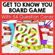 Board game with question cards and colorful design on a red background