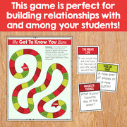 Board game and question cards on a wooden surface with promotional text about building relationships.
