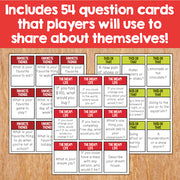 Set of question cards on a wooden surface with text indicating 54 cards for self-sharing.