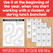 Educational materials for 'Get To Know You' activities on a wooden surface with text overlay.