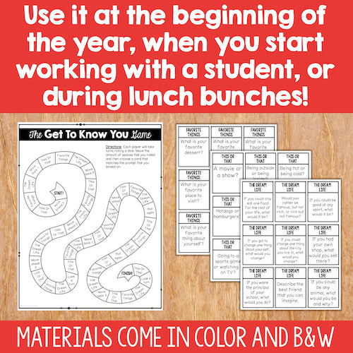 Educational materials for 'Get To Know You' activities on a wooden surface with text overlay.