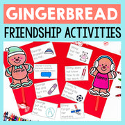 Gingerbread-themed friendship activities with characters and scenarios on a red and blue background.