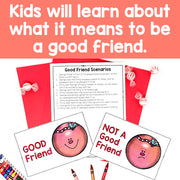 Educational materials for teaching children about good and not good friendships on a pink background.
