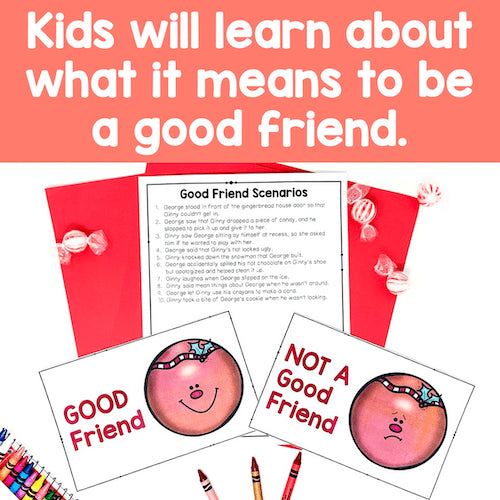 Educational materials for teaching children about good and not good friendships on a pink background.