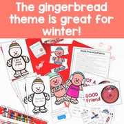 Educational materials with gingerbread theme on a red background