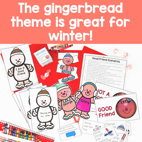Educational materials with gingerbread theme on a red background