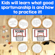 Educational materials for teaching sportsmanship with basketball-themed cards on a wooden surface.