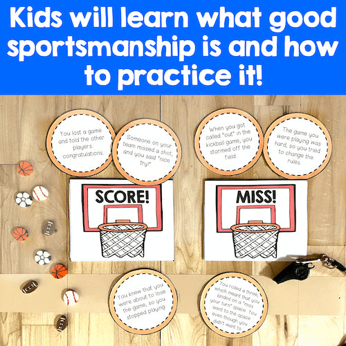 Educational materials for teaching sportsmanship with basketball-themed cards on a wooden surface.